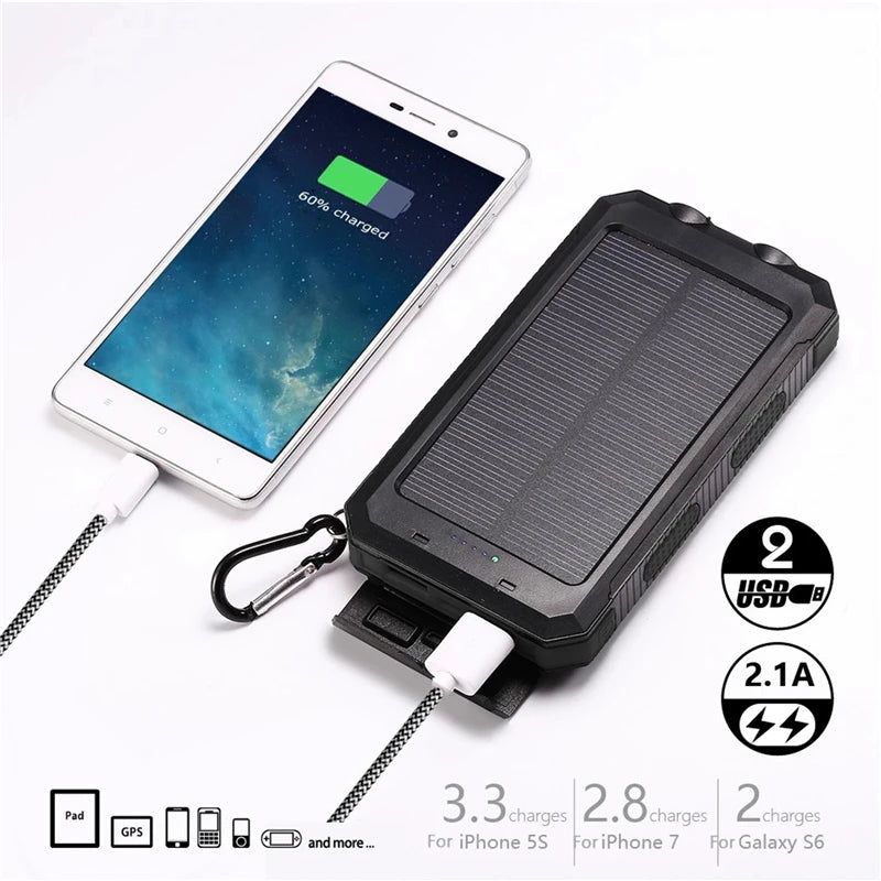 Solar Power Bank 20000Mah IP67 Waterproof Portable Solar Charger Powerbank External Battery Pack Power Bank with SOS LED Light